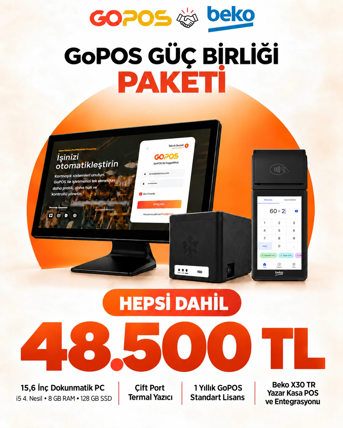 GoPOS ve Beko Güç Birliği Paketi: 15,6 inç dokunmatik PC, çift port termal yazıcı, 1 yıllık GoPOS lisansı ve Beko X30 TR yazar kasa POS, hepsi dahil 48.500 TL