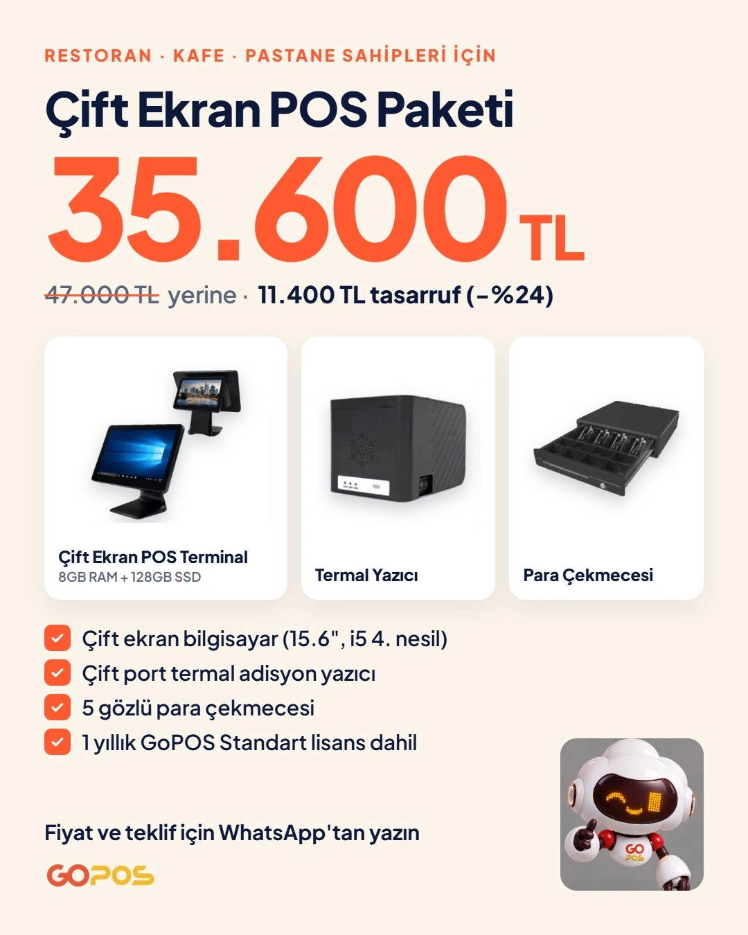 GoPOS Çift Ekran POS Paketi: POS terminal, termal yazıcı ve para çekmecesi, 35.600 TL