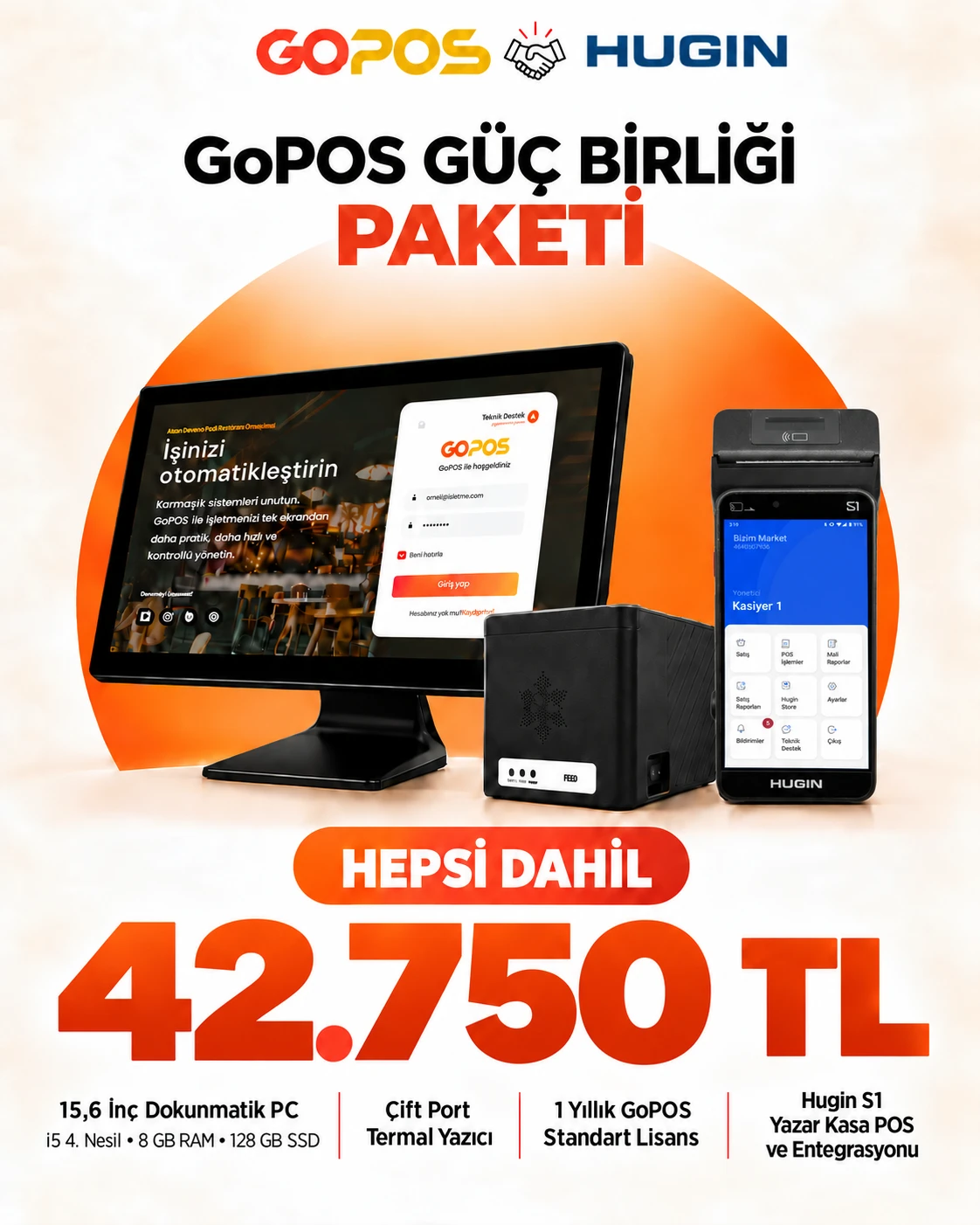 GoPOS ve Hugin Güç Birliği Paketi: 15,6 inç dokunmatik PC, çift port termal yazıcı, 1 yıllık GoPOS lisansı ve Hugin S1 yazar kasa POS, hepsi dahil 42.750 TL