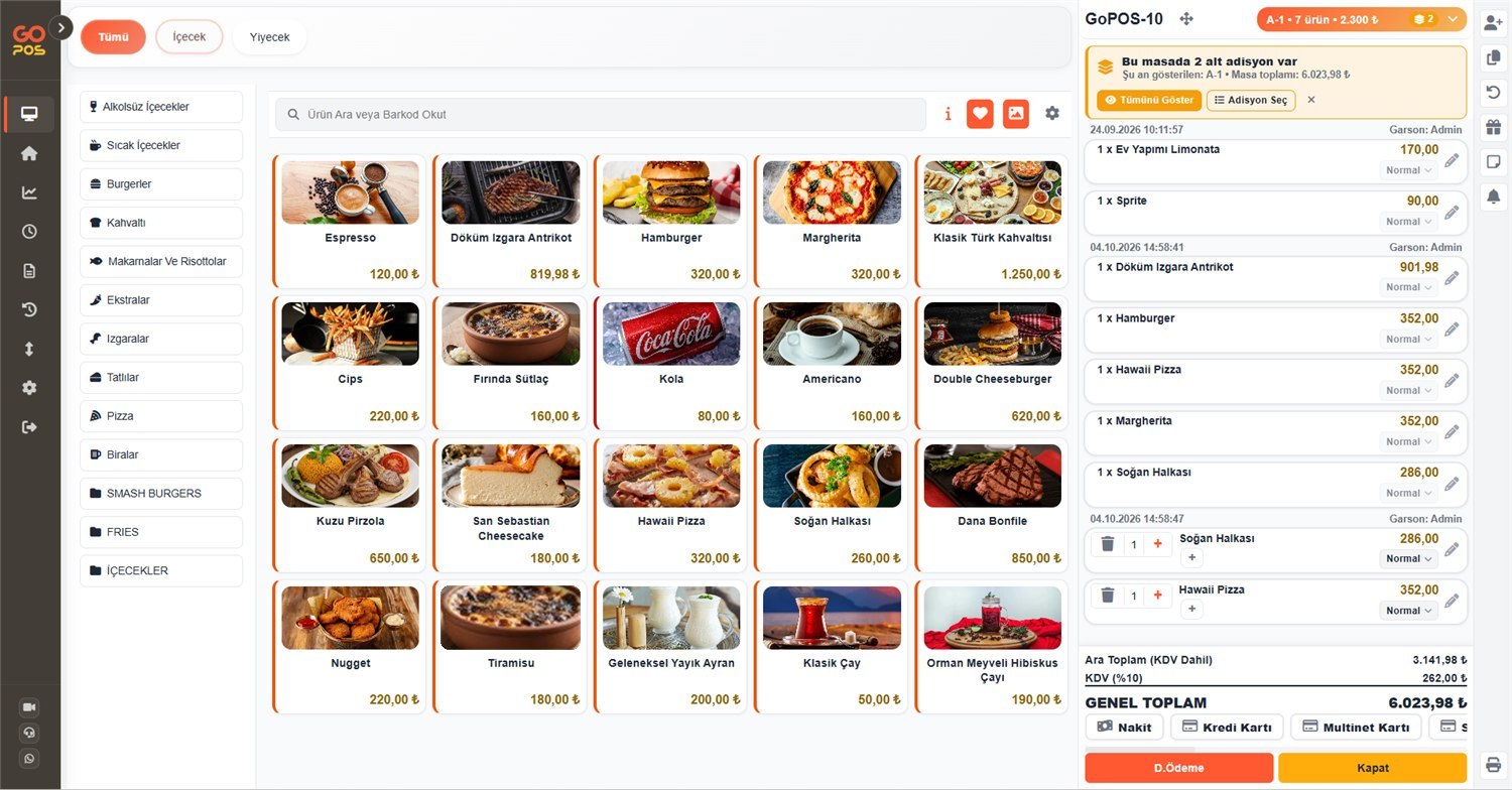 GoPOS restoran adisyon programı sipariş ekranı — ürün menüsü ve canlı adisyon