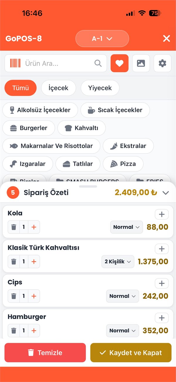GoPOS mobil adisyon uygulaması — Sipariş Alma ekranı