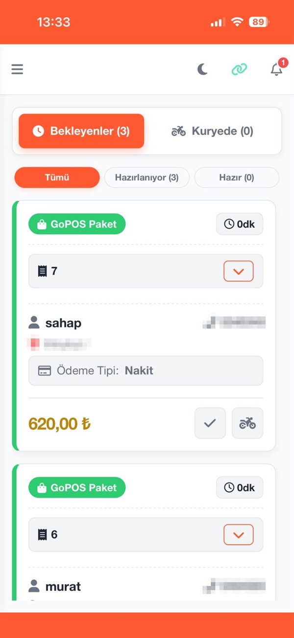 GoKurye kurye takip uygulaması — bekleyen siparişler, ödeme tipi ve tutar