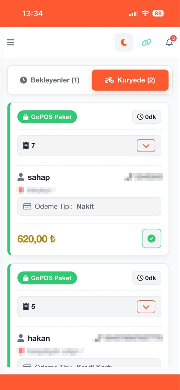 GoKurye kurye takip uygulaması — kuryede olan siparişler