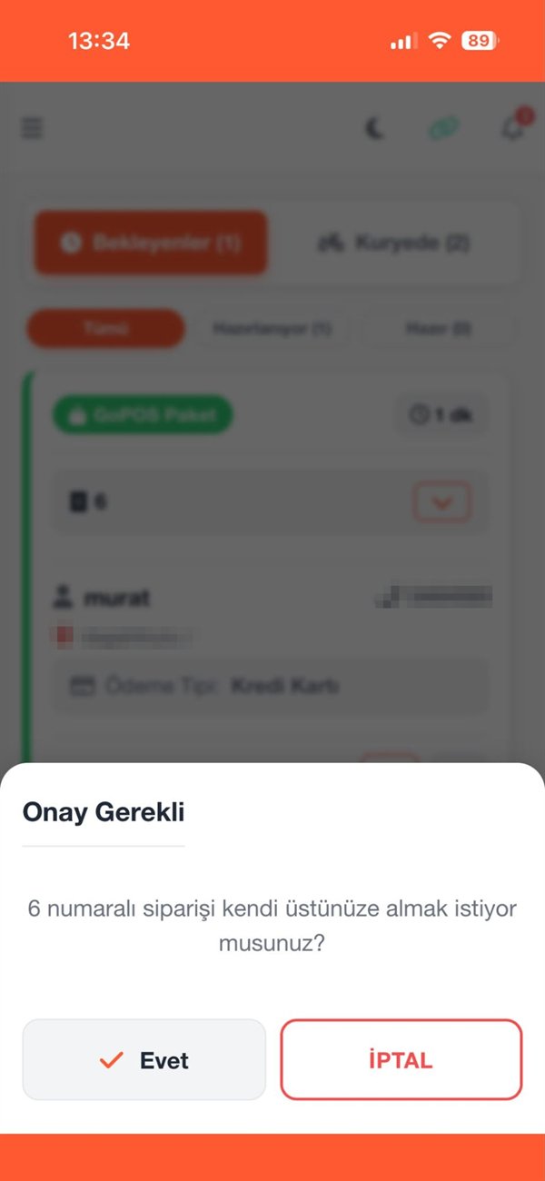 GoKurye kurye takip uygulaması — siparişi kendi üzerine alma onayı