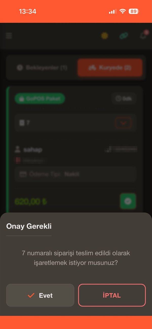 GoKurye kurye takip uygulaması — siparişi teslim edildi olarak işaretleme onayı