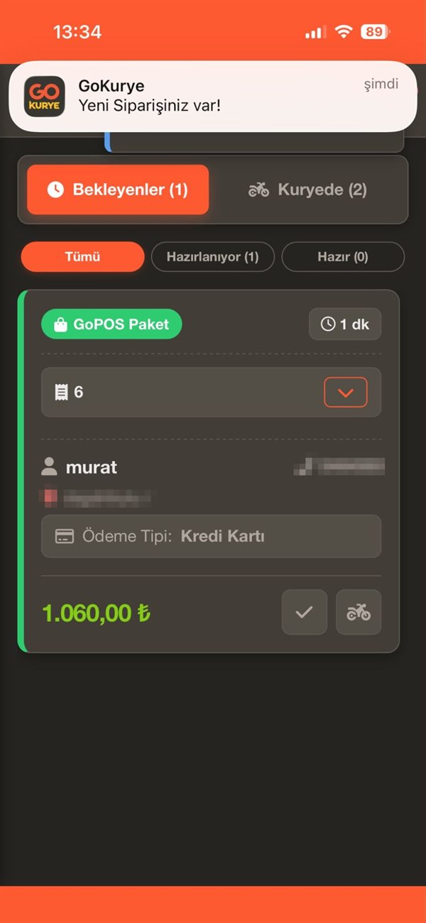 GoKurye kurye takip uygulaması — “Yeni Siparişiniz var!” bildirimi ve bekleyen sipariş
