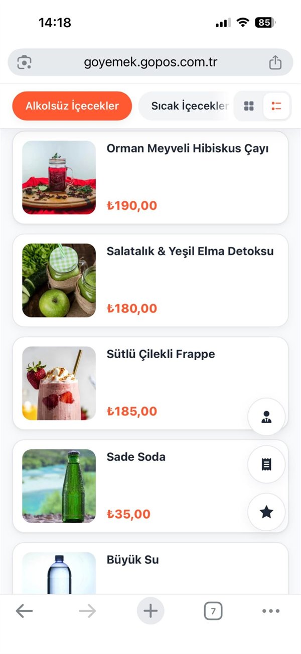 GoPOS QR kod menü — liste görünümü