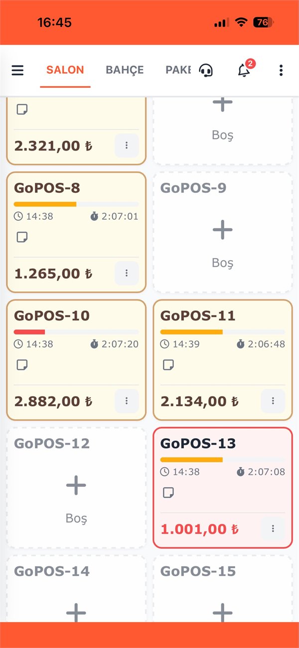 GoPOS mobil adisyon uygulaması — Masa Yönetimi ekranı
