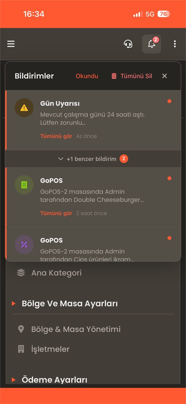 GoPOS mobil adisyon uygulaması — anlık bildirimler: iade, ikram ve fiyat değişikliği (patron uygulaması)