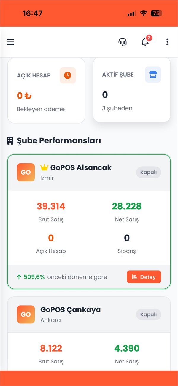 GoPOS mobil adisyon uygulaması — çoklu şube performans raporu