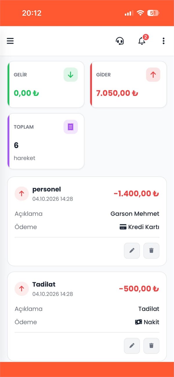 GoPOS mobil adisyon uygulaması — Gelir – Gider ekranı