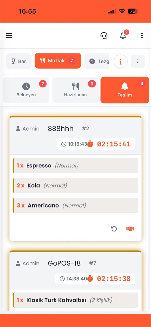 GoPOS mobil mutfak ekranı (KDS) — bekleyen, hazırlanan ve teslim siparişler