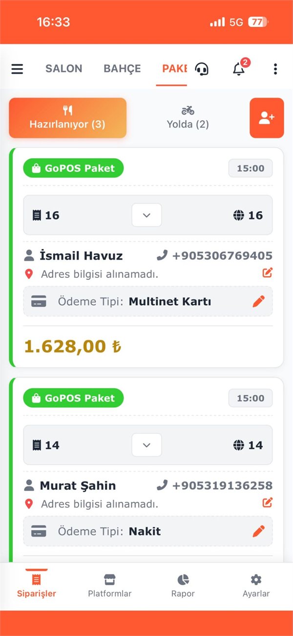 GoPOS mobil paket servis programı ekranı — hazırlanıyor ve yolda siparişler