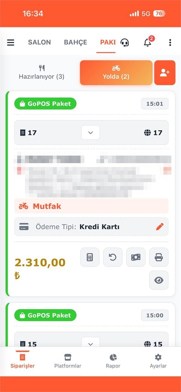 GoPOS mobil paket servis programı — Yolda sekmesi: yoldaki siparişler, ödeme tipi ve tutar