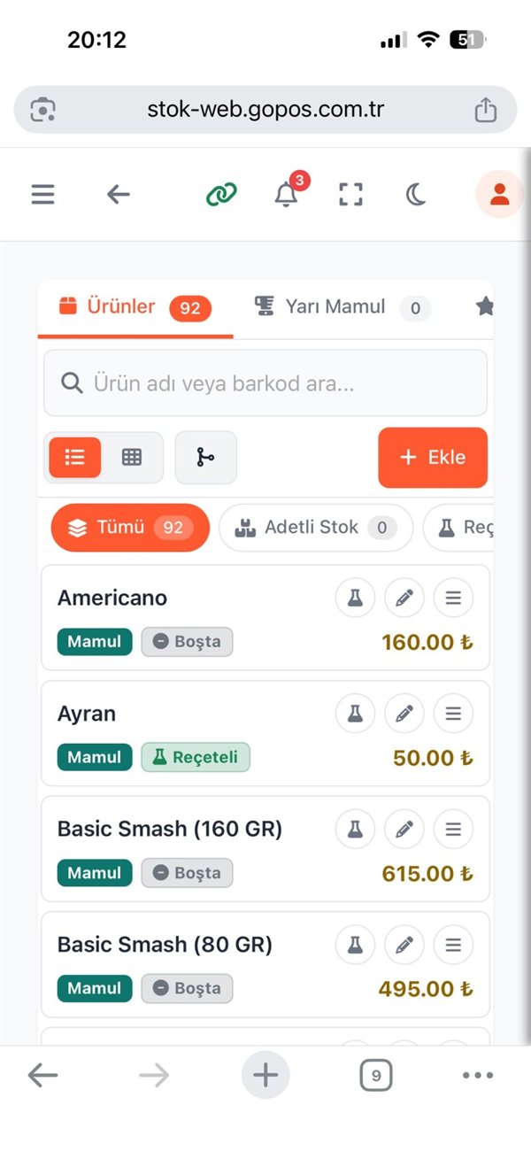 GoPOS mobil adisyon uygulaması — Stok Yönetimi ekranı