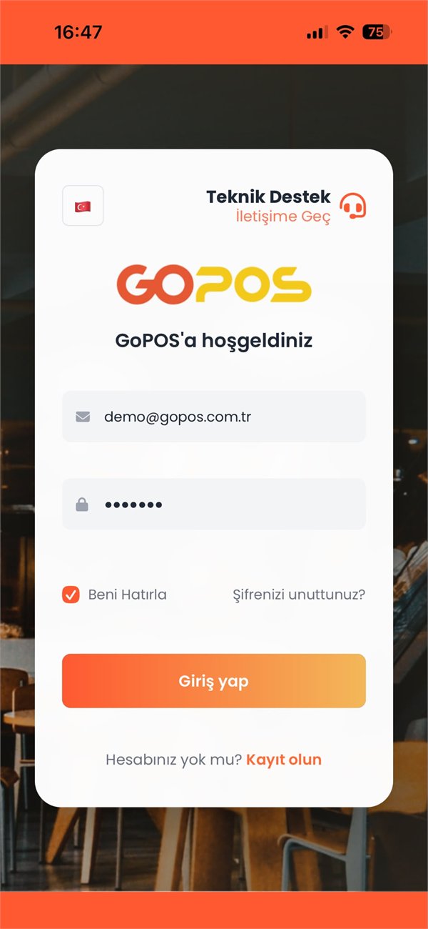 GoPOS mobil adisyon uygulaması — Giriş ekranı