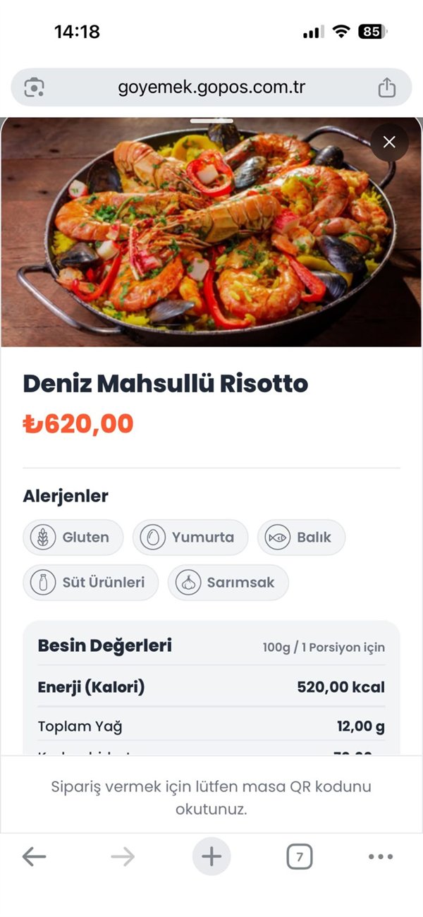 GoPOS QR menü — ürün detayı: alerjenler ve besin değerleri (kalori, yağ, karbonhidrat)