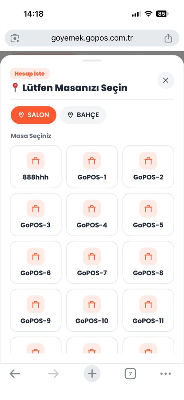 GoPOS QR menü — garson çağır ve hesap iste, masanızı seçin ekranı