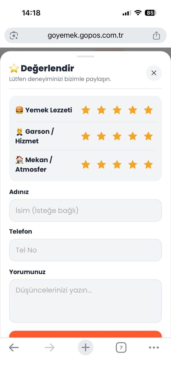 GoPOS QR menü — restoranı puanla ve yorum bırak ekranı