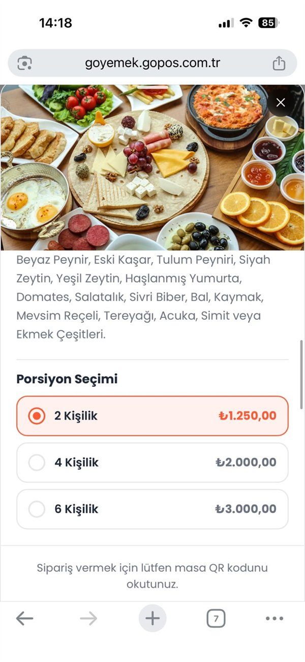 GoPOS QR menü — ürün detayı: içerik açıklaması ve porsiyon seçimi