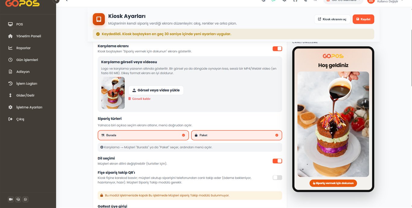 GoPOS self servis kiosk ayarları — menü, fiyat ve kampanyalar GoPOS’ta yönetilir