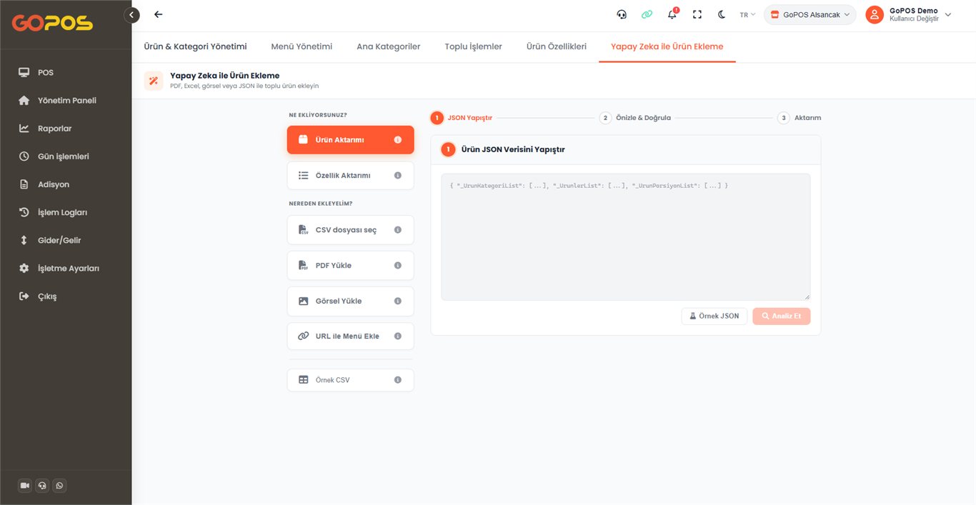 GoPOS adisyon programı yapay zekâ ile ürün ekleme ekranı — PDF, CSV, görsel veya menü bağlantısından toplu ürün aktarımı