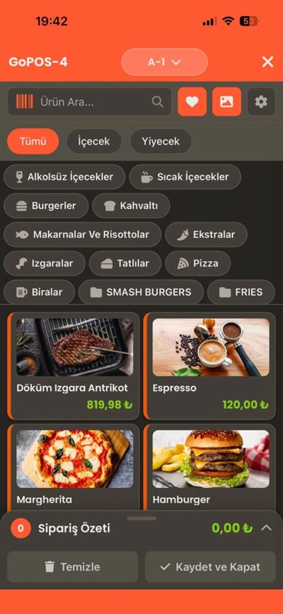 GoPOS mobil uygulama — sipariş alma ekranı